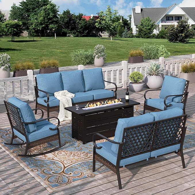 HERA'S HOUSE 5 Piece Metal Patio Furniture Set with 56" Fire Pit Table, All Weather Outdoor Conversation Set, 3 Seat Sofa with Loveseat, 2 Rocking Chairs, Seats 7 for Backyard, Garden, Navy Blue