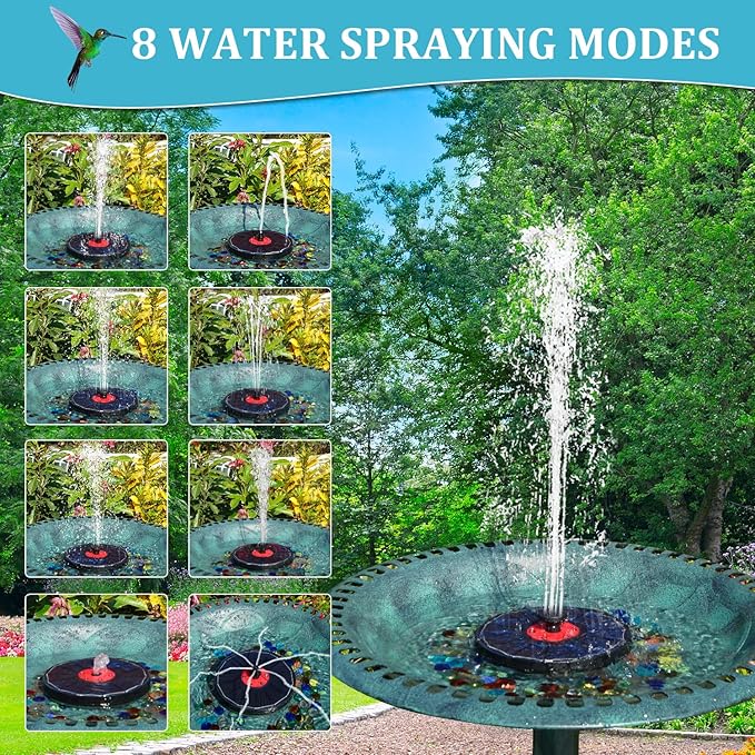 Solar Bird Bath Fountain,Upgrade 3.5W Glass Panel Solar Fountain with 2200mAh Backup Battery, White LED Lights, 8 Spray Modes, 4 Fixed Rods for Garden, Pond, Pool,Patio Outdoor Water Feature