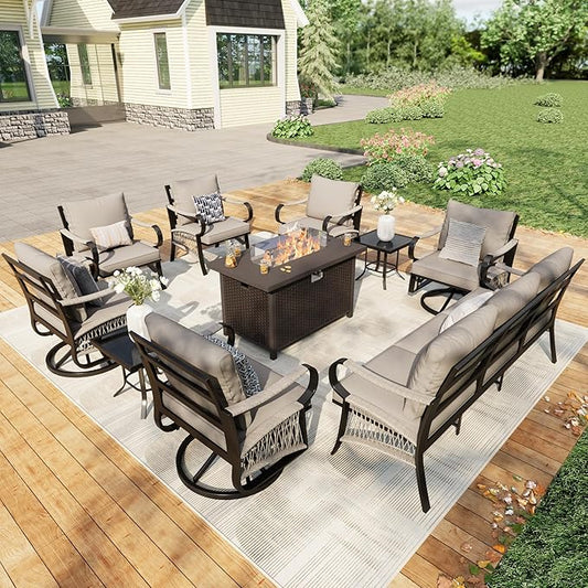 10 Pieces Patio Furniture Set, Metal Outdoor Conversation Sets with Fire Pit Table and Swivel Chairs for Backyard Garden Deck Porch Poolside (Thick Beige Cushions)