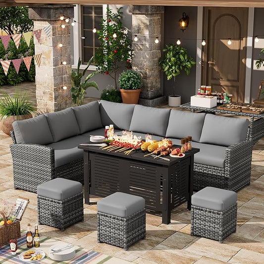U-MAX 7 Pieces Patio Furniture Set with 43" Fire Pit Table, Outdoor Sectional Sofa Conversation Set, All Weather Wicker Rattan Dining Table & Chair with Ottoman, Grey Rattan&Grey Cushion
