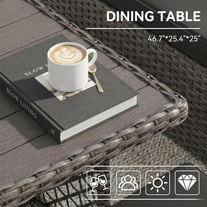 Patio Furniture Set, 7 Pieces Outdoor Dining Sets, All Weather Rattan Conversation Set, Outdoor Dining Sectional Sofa with Large Dining Table, Ottoman (Grey-Drak Grey, A-7 Pieces)