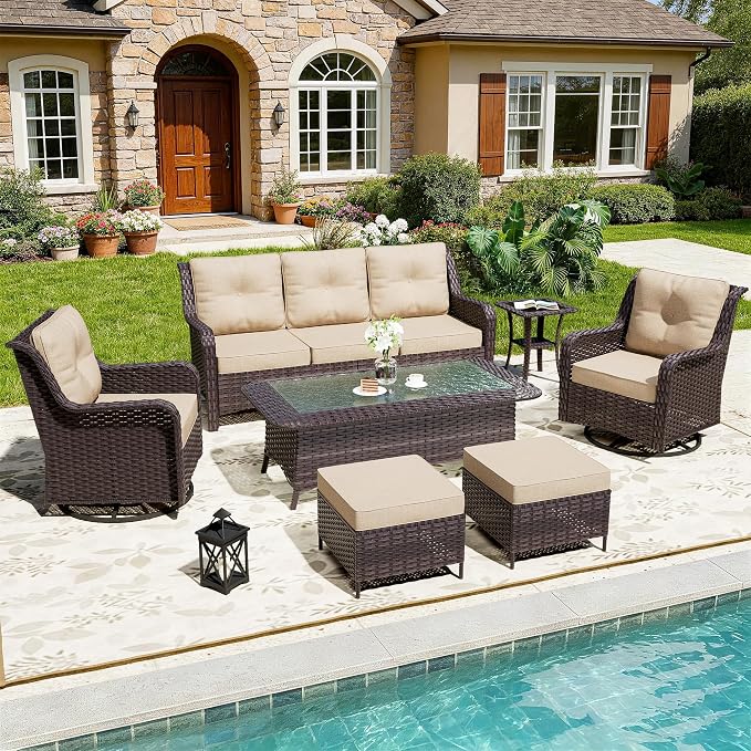 7-Piece Patio Furniture Set,Outdoor Conversation Sets w/Glass Table&High Back Wicker Swivel Rocker Chairs,All-Weather Wicker Sectional Sofa for Deck,Yard and Poolside,Sand