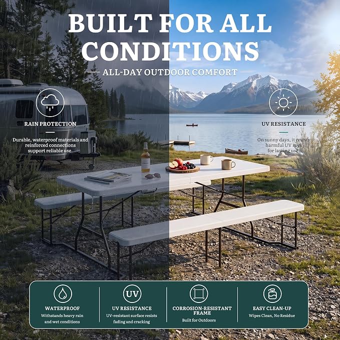 YITAHOME 6ft Folding Picnic Table with Benches, Heavy Duty 6 ft Picnic Tables for Outdoors, Portable Outdoor Table with Center Lock & Non-Slip Feet for Backyard, Camping, Beach, White