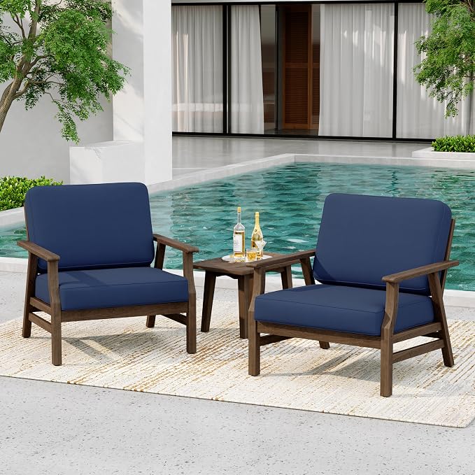 4 Pieces Patio Furniture Sets, Teak Wood Outdoor Sectional Furniture with Coffee Table, 4 Seats Patio Sofa Couch Conversation Set for Backyard Deck - Navy