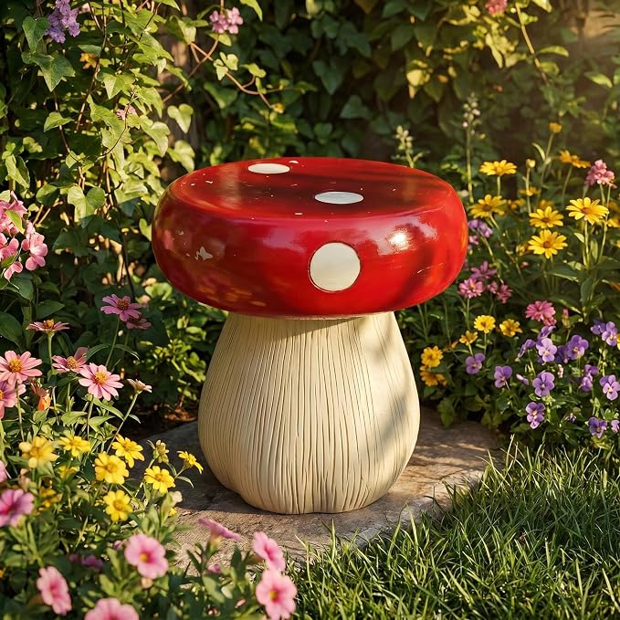 Large Mushroom Statue Stool – 13.4" Resin Garden Sculpture with Forest Base, Red Art Deco Outdoor Decor for Lawn Patio Courtyard, Weatherproof Decorative Stool, Unique Garden Gift