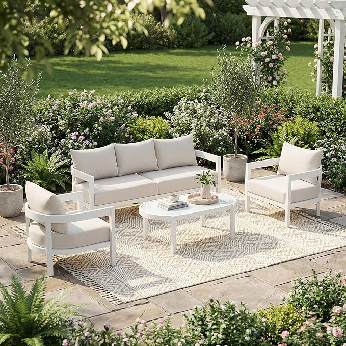 Christopher Knight Home Lula 5-Seater Patio Furniture Set with Coffee Table, 4 Piece Outdoor Conversation Set with Cushion, Aluminum Outdoor Sectional Sofa Set, White+Beige