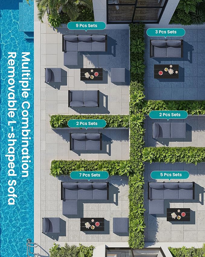 SERWALL HDPE Patio Furniture Set,7 Pieces Patio Conversation Set, All-Weather Modular Patio Sofa Set with Removable Cushions and Coffee Table for Deck, Garden, Porch, Black Frame with Grey Cushion