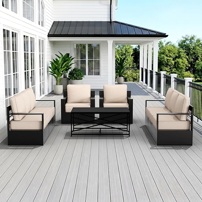 Outdoor Patio Furniture Set, 5-Piece Aluminum Patio Conversation Set All-Weather Metal Outdoor Sectional with 6 Inch Thick Cushions, Deep Setting for Garden, Outside and Porch, Beige
