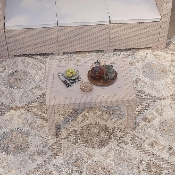 Merrick Lane Malmok Outdoor Furniture Patio Table - Light Gray Faux Rattan Wicker Pattern Coffee Table - All-Weather Use - Wood Plank Top Design