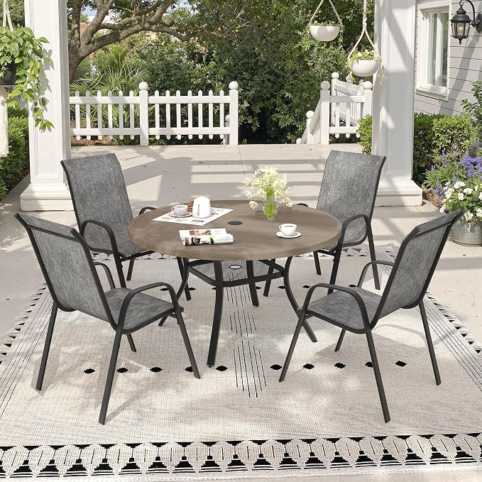 5 Pieces Outdoor Dining Set, 40.6" Round Table with Umbrella Hole & Stackable Patio Dining Chairs, Patio Table and Chairs Set for Deck Garden Porch, Grey Chairs & Grey Table