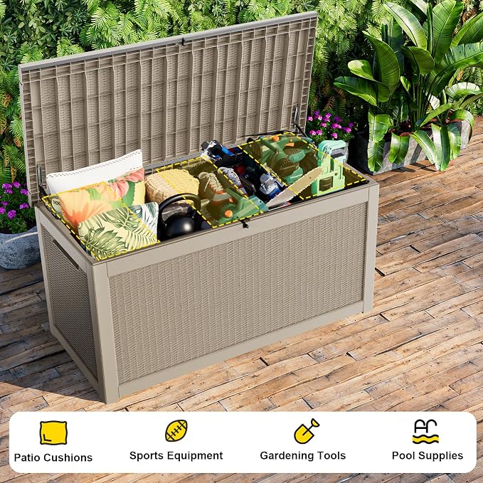 ROJIK 320 Gallon Waterproof Outdoor Deck Storage Box, Lockable Resin Patio Storage Bin with Lid for Garden Tools, Patio Cushions & Outdoor Accessories(Grey)