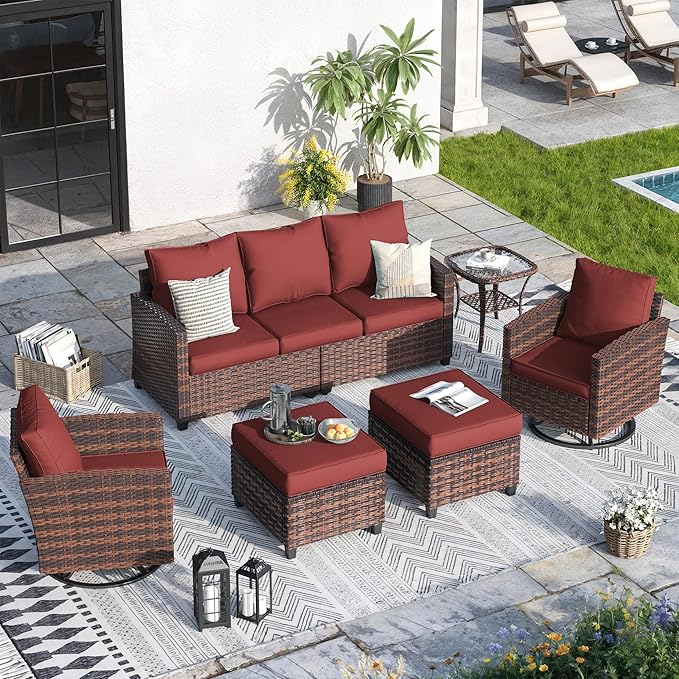 Patio Furniture Sets, 6 Pcs Patio Outdoor Sectional Furniture, Wicker Rattan Conversation Sofa with Swivel Chair, Ottomans, Side Table, 4" Thick Cushion, for Garden Backyard Deck Wine Red