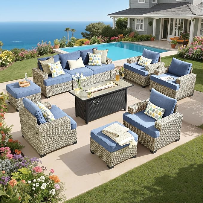 Rattan Patio Furniture Set with Fire Pit,10 Pieces Outdoor Sectional with Single Chair Ottoman,Out Door Furniture Conversation Set,Denim Blue