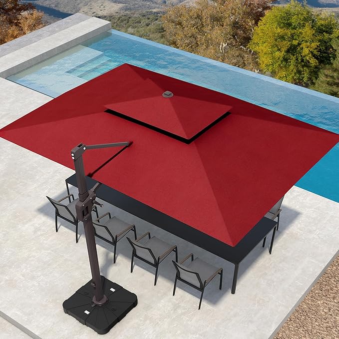10' X 13' Patio Umbrella with LED Lights Outdoor Cantilever Large Rectangle Offset Umbrellas Heavy Duty Aluminum Double Top with 360-degree Rotation for Pool Garden Deck, Red