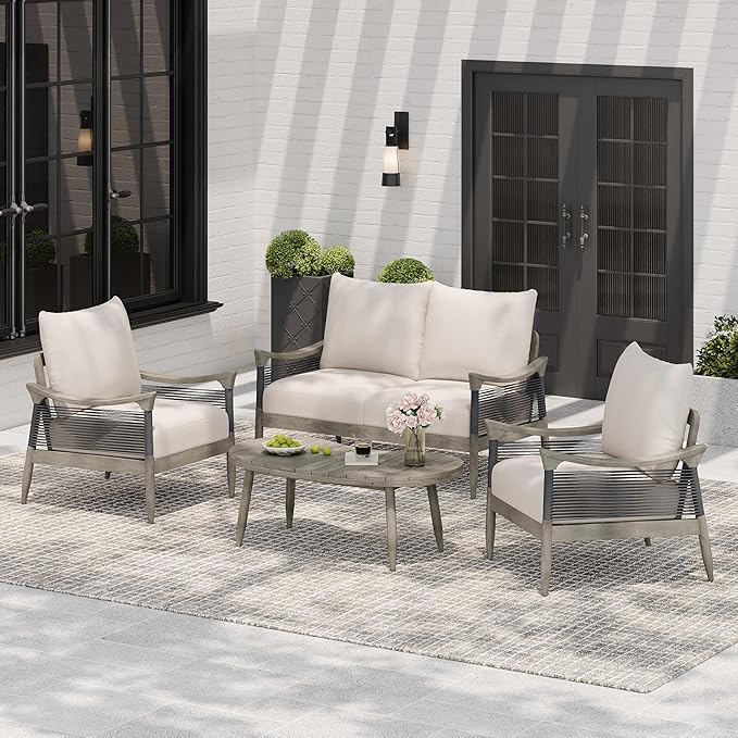 Christopher Knight Home Havets 4 Piece Patio Conversation Sets, Outdoor Acacia Wood Patio Seating Group,Woven Rope Loveseat Chairs with Cushions and Coffee Table for Porch Backyard Balcony, Gray+Beige