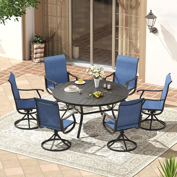 VICLLAX Patio 7 Pieces Outdoor Dining Set, 50" Round Metal Table with Umbrella Hole and 6 Swivel Textilene Chairs for Lawn, Garden, Porch, Black/Dark Blue