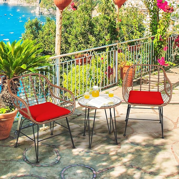 DORTALA 3 Piece Patio Bistro Set, Outdoor Wicker Furniture with Round Tempered Glass Top Table & 2 Rattan Armchairs, Cushions, Conversation Set for Porch, Backyard, Garden, Red