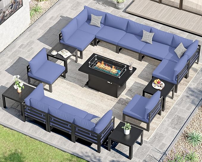 NICESOUL 12 Person Oversized Aluminum Patio Furniture Set with Fire Pit Table & Side Table, 500 lbs Heavy Duty Modular Sectional Sofa, Modern Water Resistant Conversation Set for Terrace, Denim Blue
