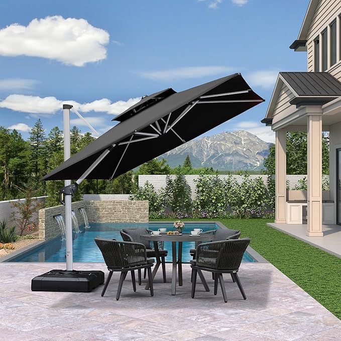 PURPLE LEAF 9 FT Cantilever Patio Umbrellas with Base Included, Large Square Offset Umbrella with 360° Rotation, Outdoor Aluminum Pool Umbrella for Pool Lawn Garden, Grey