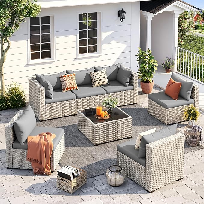 UDPATIO Outdoor Patio Furniture Set, 7-Piece PE Wicker Sectional Sofa with Tea Table, Outdoor Conversation Set for Patio, Garden, Backyard Grey
