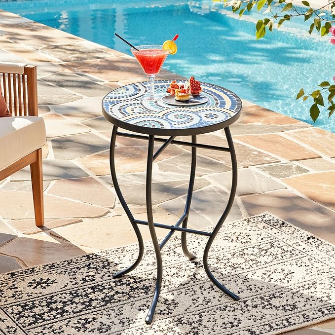 Side Table Outdoor, Mosaic Patio Table Plant Stand, 22" H Iron Coffee End Table,Weather Resistant Tile Top Metal Drink Bar Table for Indoor Garden Balcony Yard Bistro Balcony