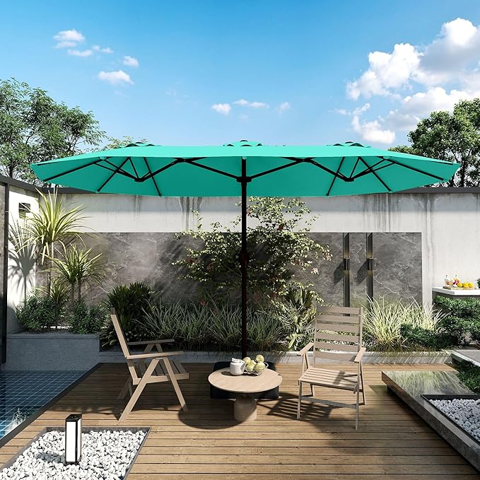 Kingdura 15ft Large Patio Umbrella with Base Included, Double-Sided Rectangle Outdoor Table Umbrella with 12 Reinforced Ribs, Crank Lift for Market Pool Deck Backyard, Tiffany blue