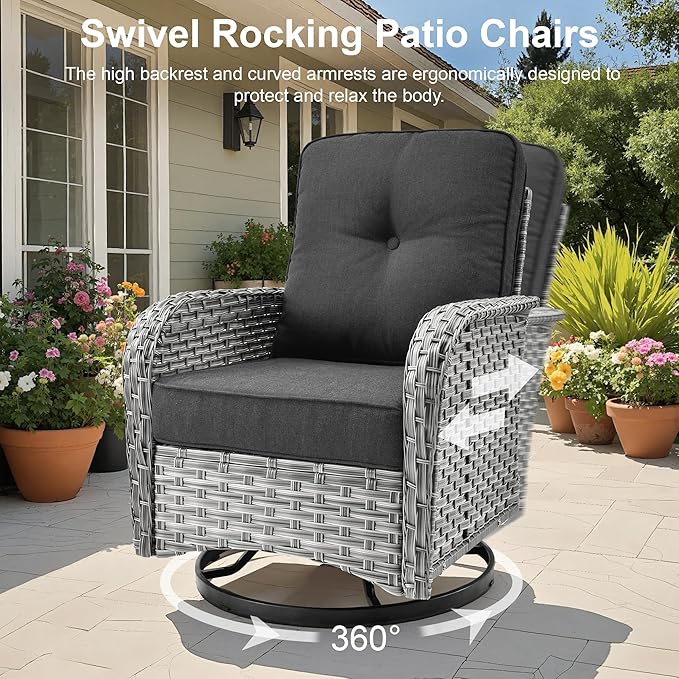 Outdoor Patio Furniture Sets,9 PCS Patio Conversation Set Outside Rattan Sectional Sofa with 42 in Square Fire Pit Table Wicker Rocking Chair Coffee Table Fit Backyard Garden Poolside Balcony