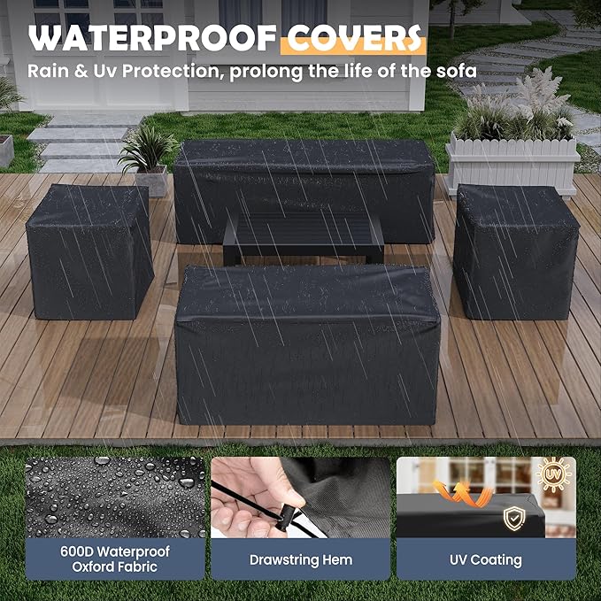 Amopatio Aluminum Patio Furniture Set, 8 Pieces Modern Patio Conversation Sets, Outdoor Sectional Metal Sofa with Coffee Table for Balcony, Garden (Included Waterproof Covers)