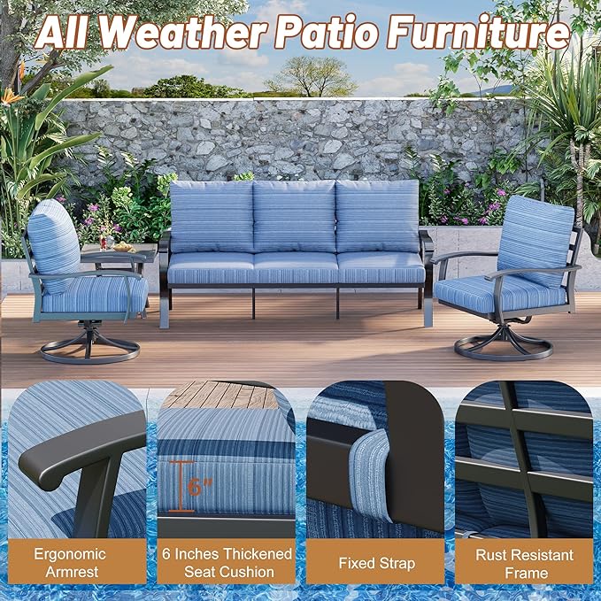 HOMREST Patio Furniture Sets 4 PCS Outdoor Metal Conversation Sets, 360 Degree Swivel Rocking Chairs Patio Conversation Set with Coffee Table and 3-Seat Sofa for Garden, Deck and Poolside