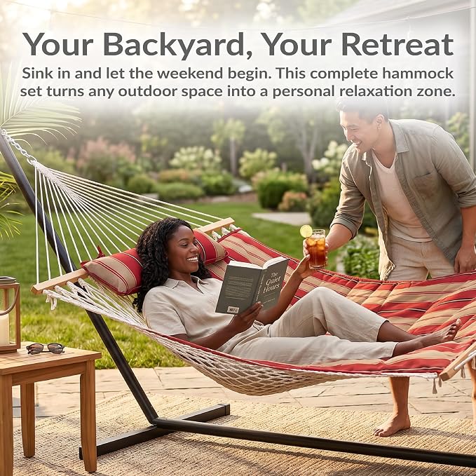 Sunnydaze Rope Double Hammock with Stand for Outside - Heavy Duty Freestanding Portable Outdoor Hammock Set with Quilted Pad, Pillow, and 12-Foot Steel Frame - 450 lb Capacity - Awning Stripe