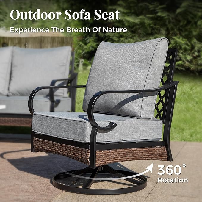 Patio Furniture Set with 56'' Fire Pit Table, Black Metal Frame Outdoor Conversation Set with 2 x Swivel Chairs, 1 x 3-Seat Sofa for Lawn Garden Backyard, Grey
