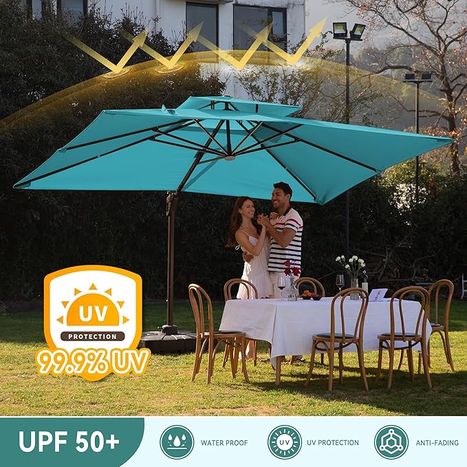 9 X 12 FT Cantilever Outdoor Patio Umbrella with Base Included Large Heavy Duty 360° Rotation Double Top Offset Rectangular Umbrellas with LED Lights for Backyard Outside Deck, Turquoise