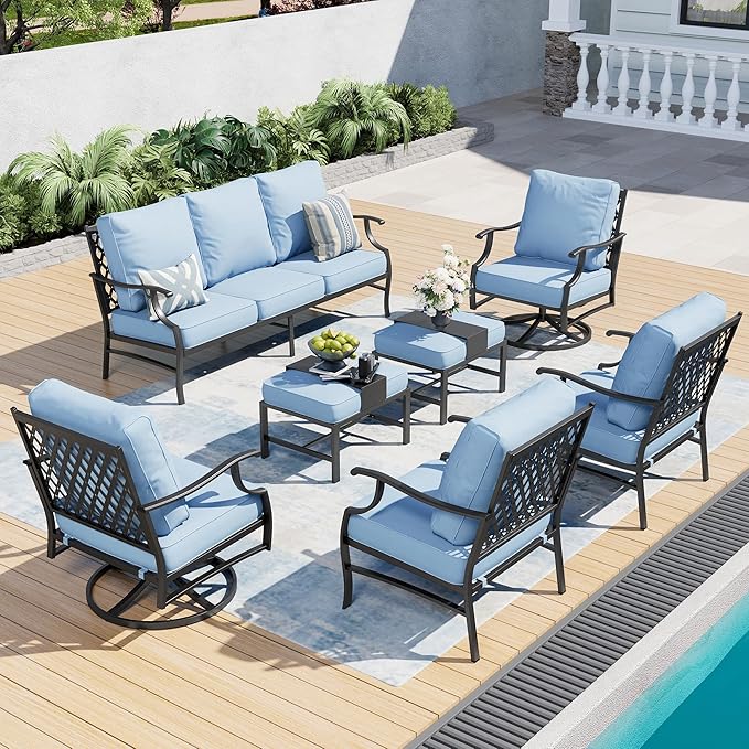 7 Piece Metal Outdoor Patio Furniture Set, Patio Conversation Sets 1 3-seater Sofa, 2 Fixed Chairs, 2 Swivel Chairs, 2 Ottomans with 5.75" Thick Cushion, Black Backyard Furniture, Blue