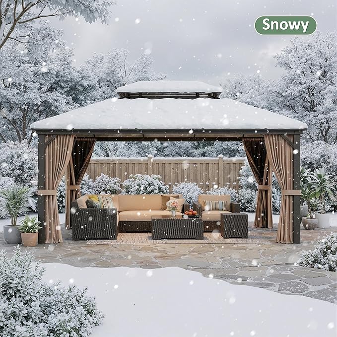 12'x16' Hardtop Gazebo, Outdoor Polycarbonate Roof Canopy, Aluminum Frame Permanent Pavilion with Curtains and Netting, Sunshade for Garden, Patio, Lawns