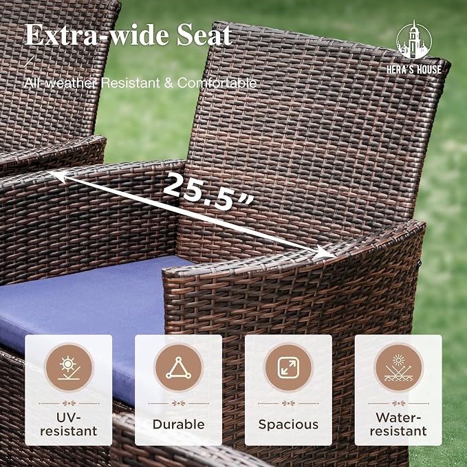 HERA'S HOUSE 7-Piece Patio Dining Set, 6 x Outdoor Rattan Armchair with Removable Cushions, 1 x 64 Inches Rectangular Patio Table with 1.57"-1.9" Umbrella Hole for Patio, Lawn, Garden, Porch