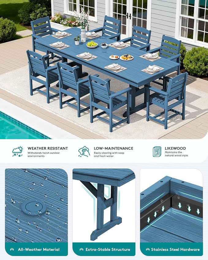SERWALL 10 Piece Outdoor Dining Set with 15ft Triple-Head Foldable Umbrella(Based not Included), 84" HDPE Outdoor Table and Chairs for 8, Blue