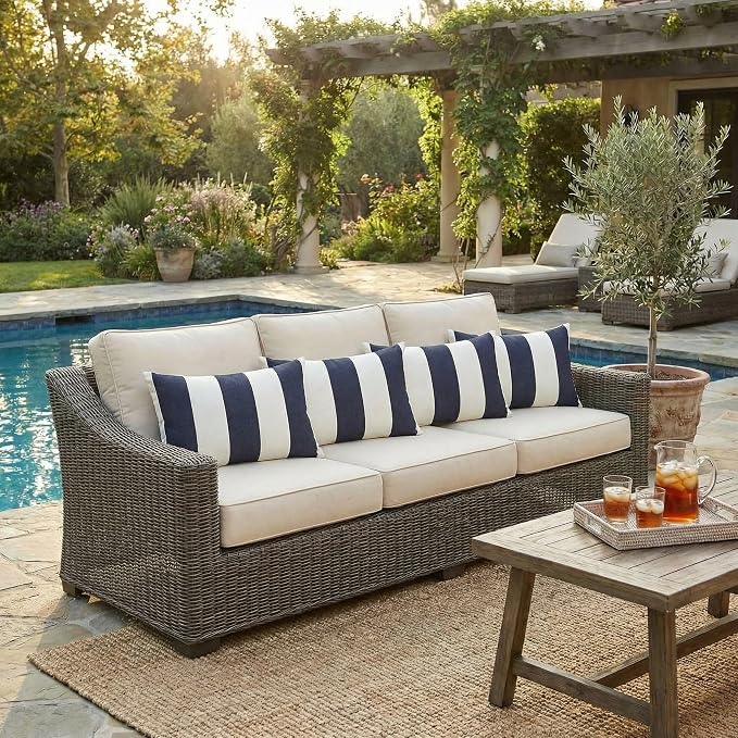 RSH DECOR Sunbrella Lumbar Throw Pillows Set of 4, 20" x 12", Navy Stripe, Made in USA