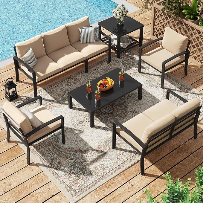 U-MAX Metal Patio Furniture Set with Waterproof Cover, 6 Pieces Outdoor Conversation Set with Coffee Table&Side Table, Outdoor Couch Sofa Modern Setting Set with Beige Cushions for Lawn, Backyard