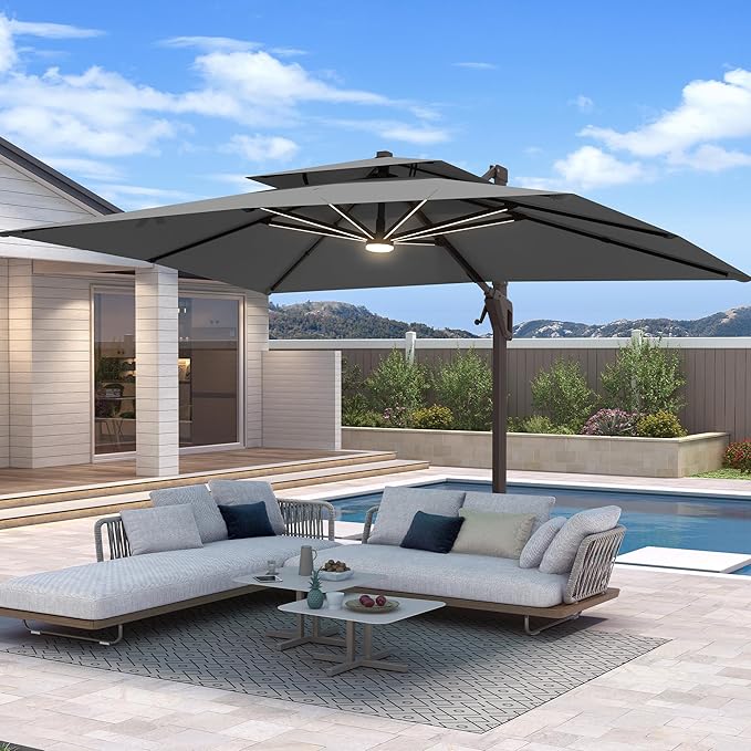 10 X 13 FT Cantilever Patio Umbrella with Base Included & Led Lights Outdoor Rectangle Offset Large Double Top Heavy Duty Umbrellas 360°Rotation for Pool Deck Backyard Garden, Gray