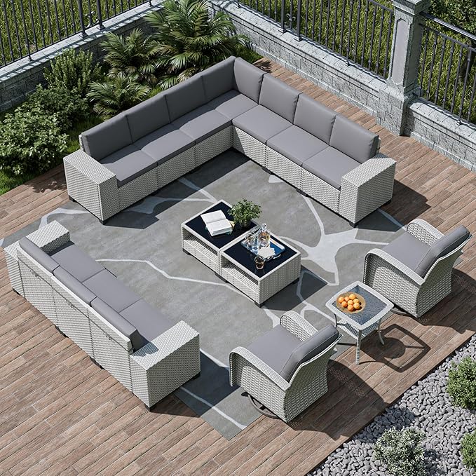 15-Piece Outdoor Patio Furniture Set, Modular Sectional Sofa Set with Swivel Rocker Chairs, Wicker Outdoor Couch Conversation Sets w/Coffee Table and Cushions, Gray