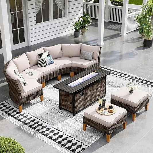 Sophia & William Patio Furniture Set with Fire Pit Table, 8 Piece Half Moon Outdoor Wicker Sectional Sofa Set, Rattan Conversation Set with 56-Inch Fire Pit Table & Ottoman (Beige)