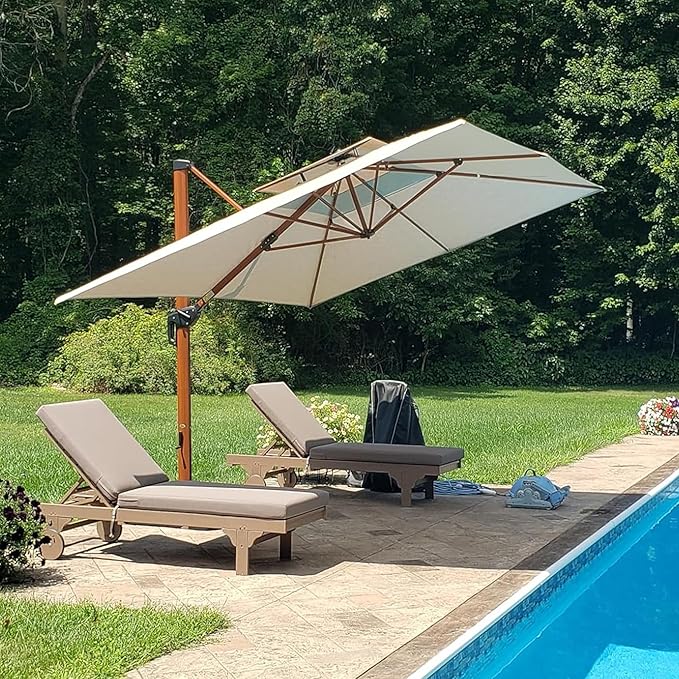 PURPLE LEAF 10' X 13' Patio Large Cantilever Umbrella Double Top Deluxe Outdoor Rectangle Wood Pattern Umbrellas Offset Umbrella Heavy Duty Sun Umbrellas for Garden Deck Pool, Heather Beige