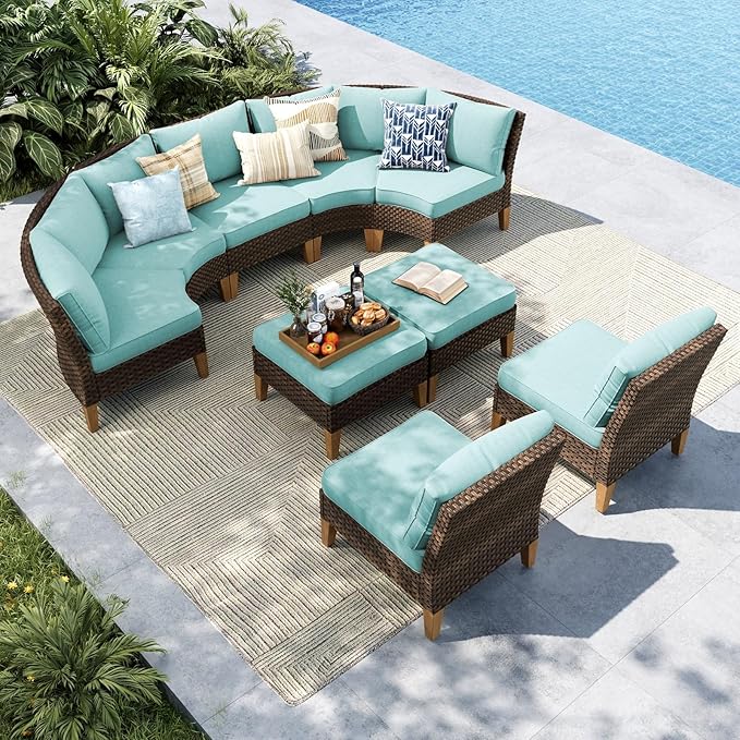 MFSTUDIO 9 Pieces Extra Large Wicker Patio Furniture Set, All-Weather Rattan Outdoor Half-Moon Curved Sectional Sofa Set 4 x Curved Couch, 3 x Armless Sofa, 2 x Ottoman(Aqua Blue Cushions)