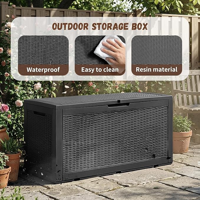 110 Gallon Outdoor Deck Storage Box, All-Weather Wicker Textured Lockable Storage Container for Pool, Patio & Backyard Large Outdoor Supplies Storage (Black,110GAL-1)