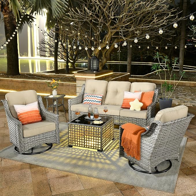 ovios 5 Piece Outdoor Patio Furniture with 3 Seat Sofa,Rattan Wicker Coversation Set with Swivel Rocking Chair,Balcony Sofa Set with Shiny Table for Outside Porch Backyard Pool, Beige