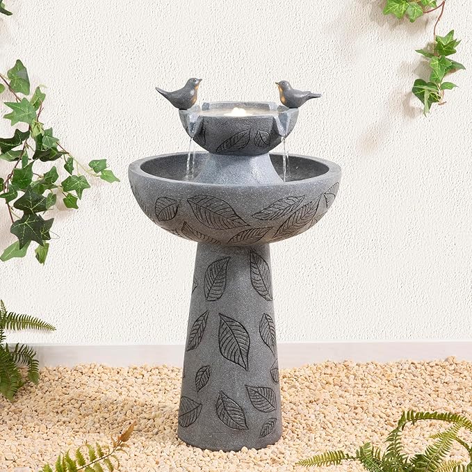 Glitzhome Outdoor Water Fountain with Lights & Pump, 26" H 2-Tiered Polyresin Bird Bath Fountain Floor-Standing Water Feature Waterfall Fountain for Garden, Yard, Patio, Home Decor