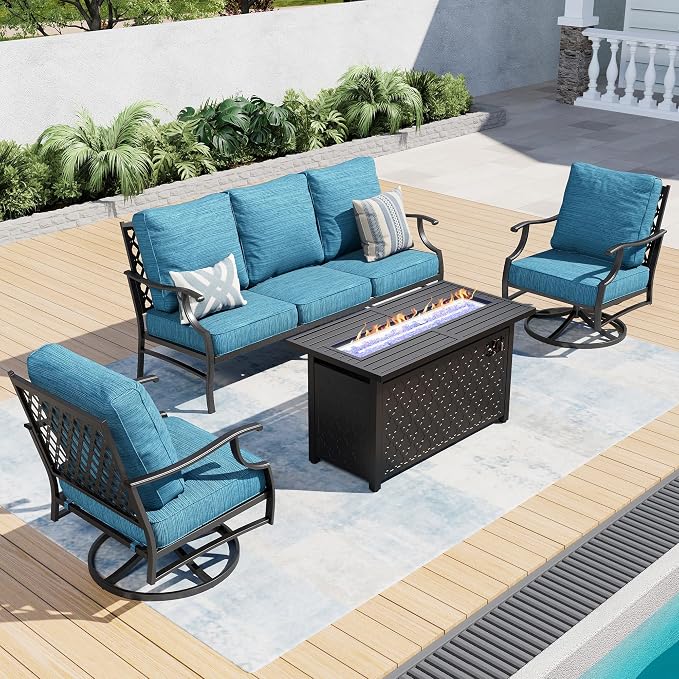 SUNSHINE VALLEY 4 Piece Metal Outdoor Patio Furniture Sets with 5000 BTU Firepit Table, Patio Conversation Sets 3-seater Sofa, 2 Swivel Chair with 5.75" Thick Cushion, Black Backyard Furniture, Blue-2