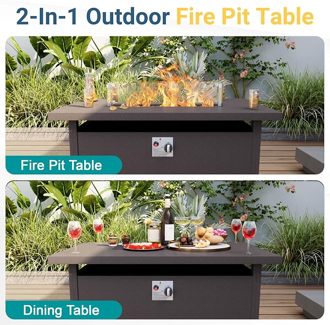 9-Piece Outdoor Furniture Set, Metal Swivel Rocking Chairs with All-Weather Cushions, Patio Conversation Set with Fire Pit Table for Deck, Porch, Garden, Backyard, Poolside (Beige Cushions)