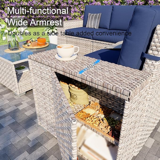 7-Piece Patio Furniture Set, Outdoor Patio Conversation Set with 60,000 BTU Fire Pit Table, PE Rattan Wicker Sectional Sofa with Large Capacity Seats,Widened Armrests, Extra High Backrest, Navy Blue
