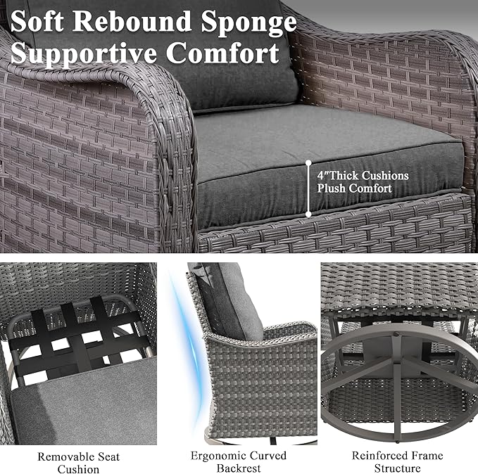 3 Piece Wicker Patio Furniture Set, Swivel Rocking Chairs with 4''Cushions, PE Rattan, Rust Resistant Frame, Double Layer Glass Side Table, for Backyard, Deck or Balcony, Black